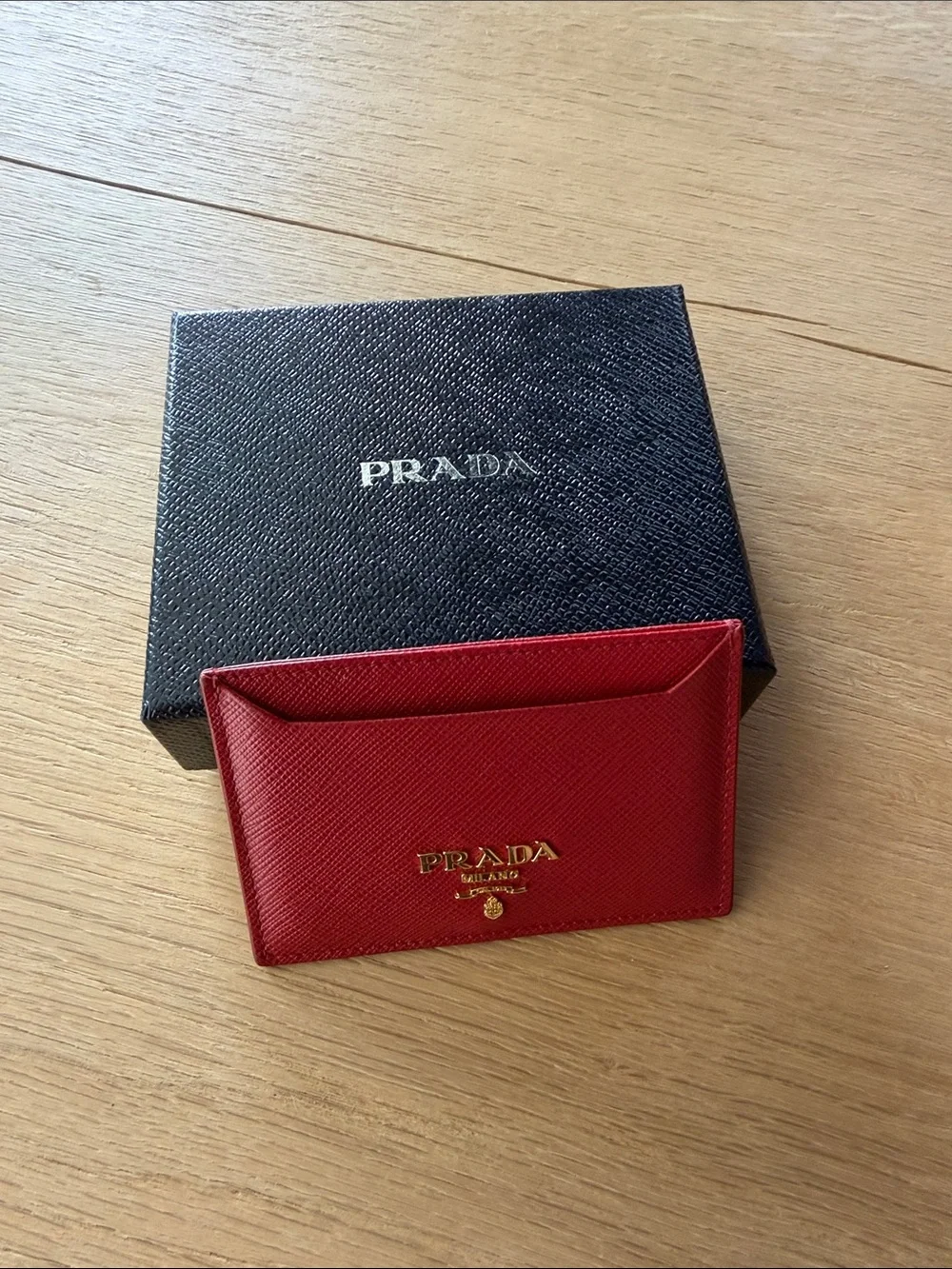 PRADA Red Saffiano Leather Card Holder with Gold Logo